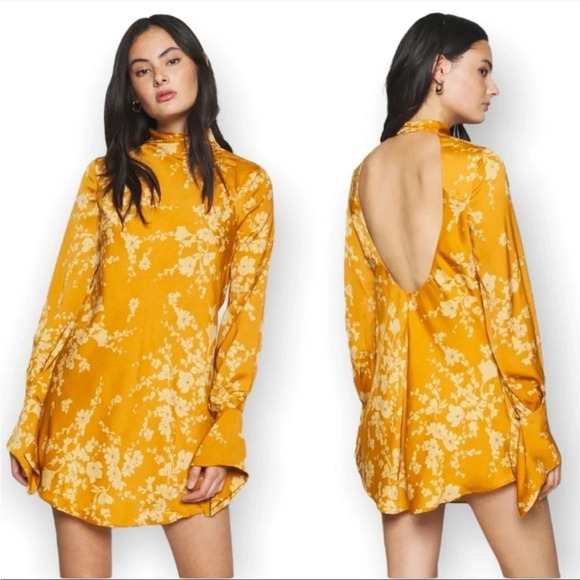Free People Dress Aries Floral High Neck Open Back Dress Gold Floral XS - Picture 2 of 5